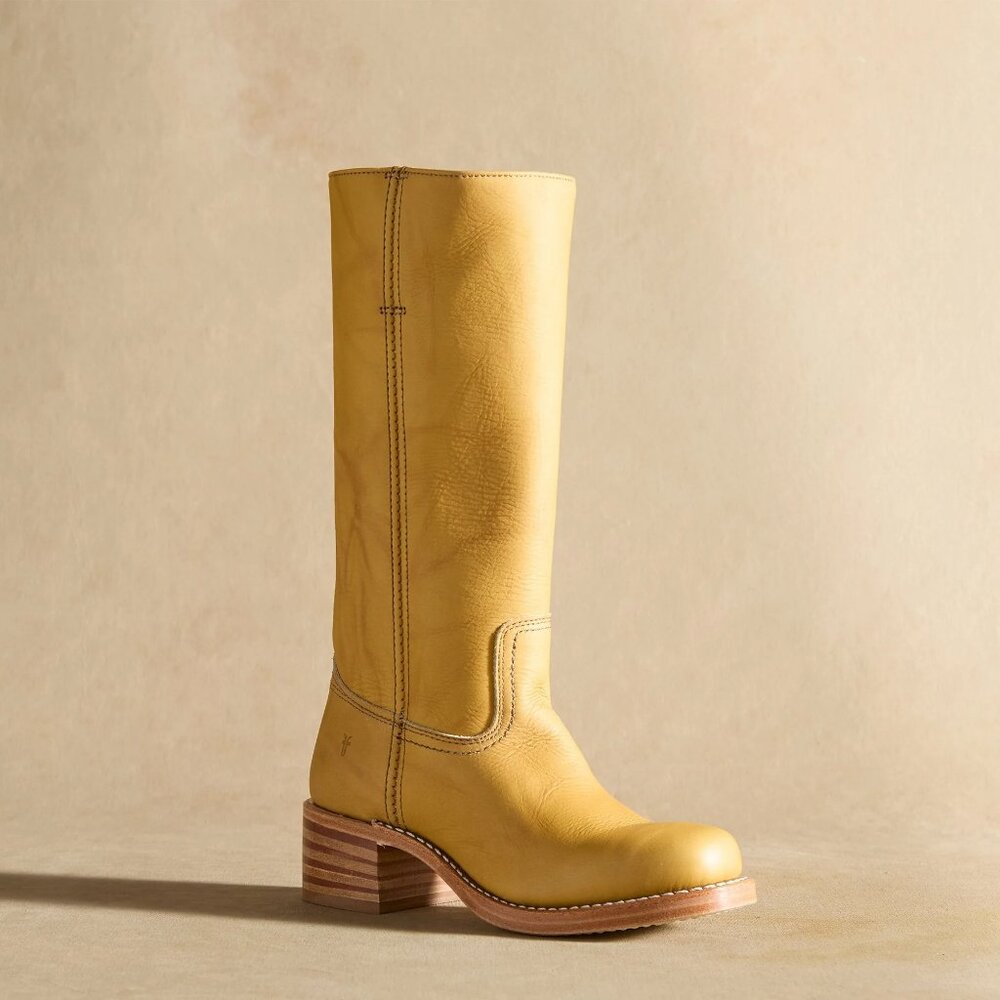 Frye Campus Banana Boots 7 Yellow Square Toe 14L Marble Perfectly Broken In